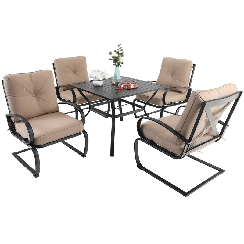 PHI VILLA 5-Piece Outdoor Dining Set With Steel Square Table & 4 C-Spring Cushioned Chairs