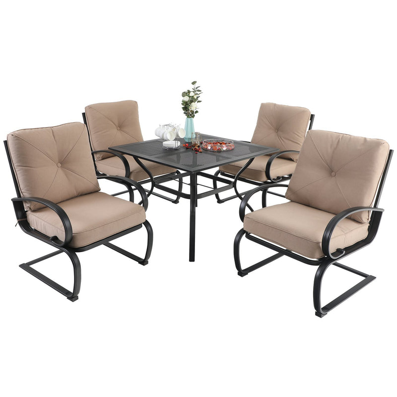 PHI VILLA 5-Piece Outdoor Dining Set With Steel Square Table & 4 C-Spring Cushioned Chairs