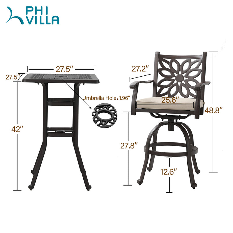 Phi Villa 3-Piece Cast Aluminum Square Table & 2 Patio High Swivel Bistro Bar Stools Chairs Set