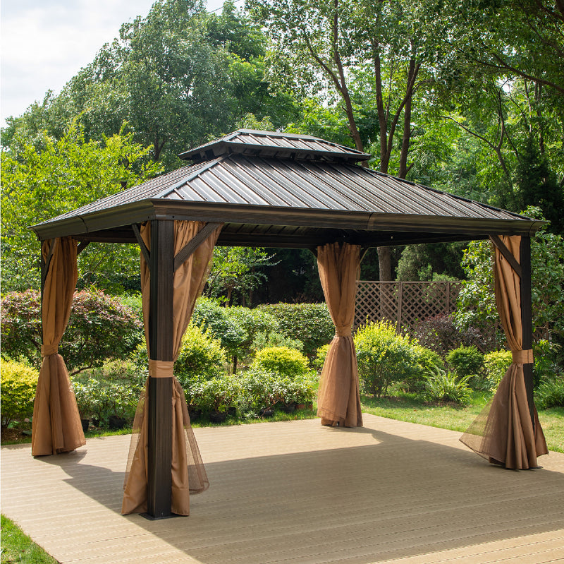 PHI VILLA 10' X 12' Outdoor Hardtop Gazebo Double Roof Canopy with Curtains and Netting