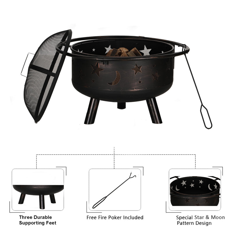 Phi Villa 30" Moon & Star Pattern 2 in 1 Heavy Duty Fire Pit with Swivel Cooking Grill