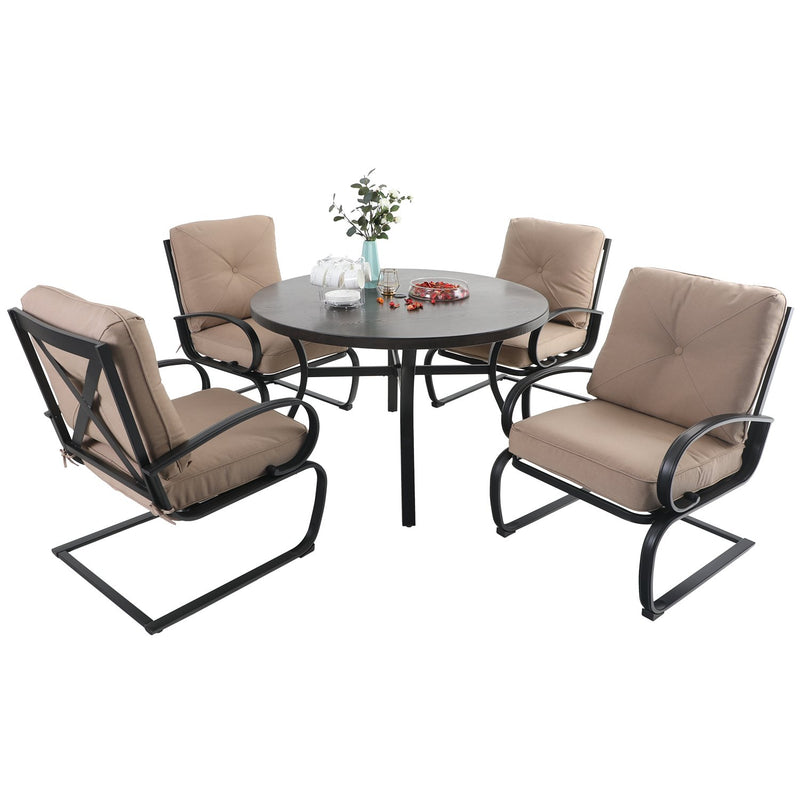 PHI VILLA 5-Piece Outdoor Dining Set With Steel Square Table & 4 C-Spring Cushioned Chairs