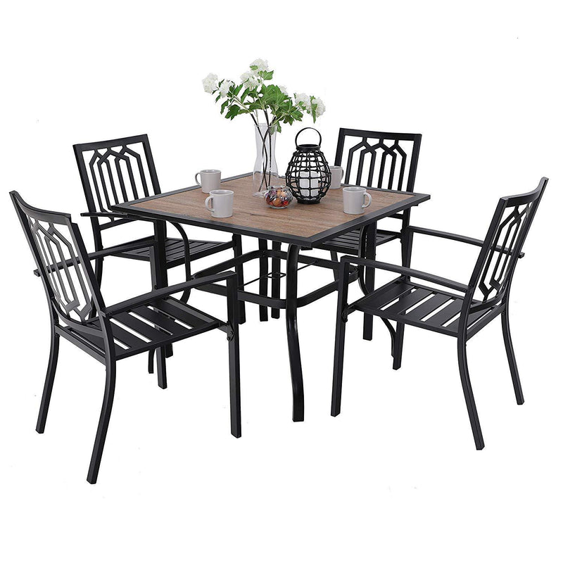 PHI VILLA 5-Piece Metal Patio Dining Set Wood-look Table and 4 Pattern Stackable Chairs