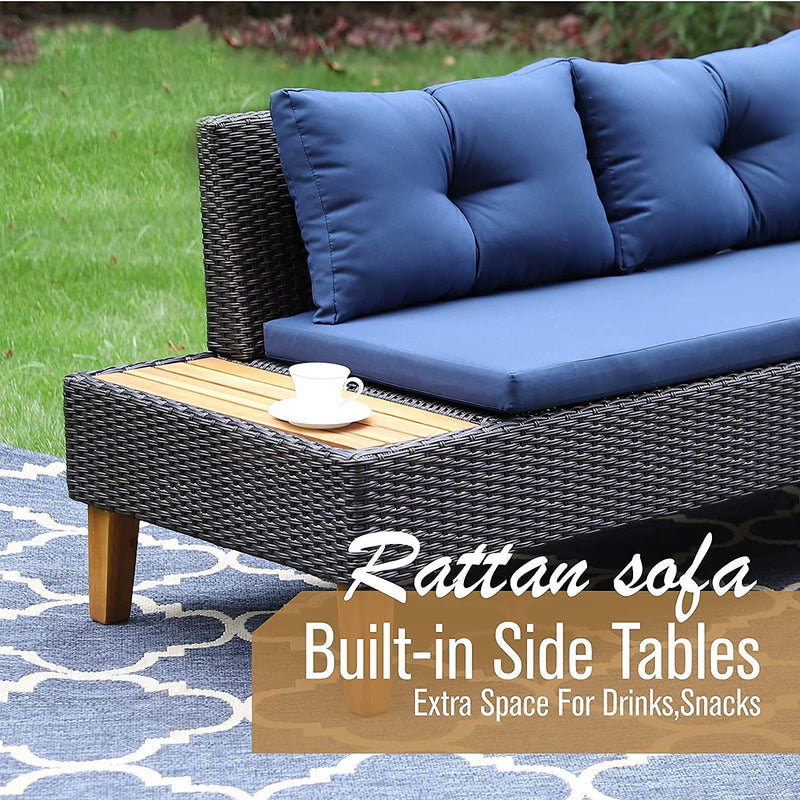 PHI VILLA 3-Piece Outdoor Rattan & Wood Sectional Sofa Conversation Set With Cushions