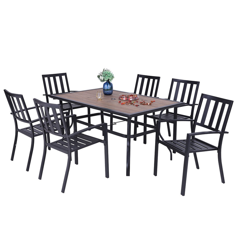 PHI VILLA 7-Piece Outdoor Patio Dining Set with Wood-look Table and 6 Stackable Metal Steel Chairs