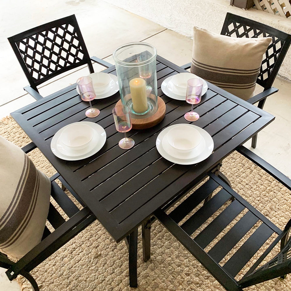 PHI VILLA 5-Piece Outdoor Dining Set 4 Patterned Stackable Chairs and Steel Square Table 