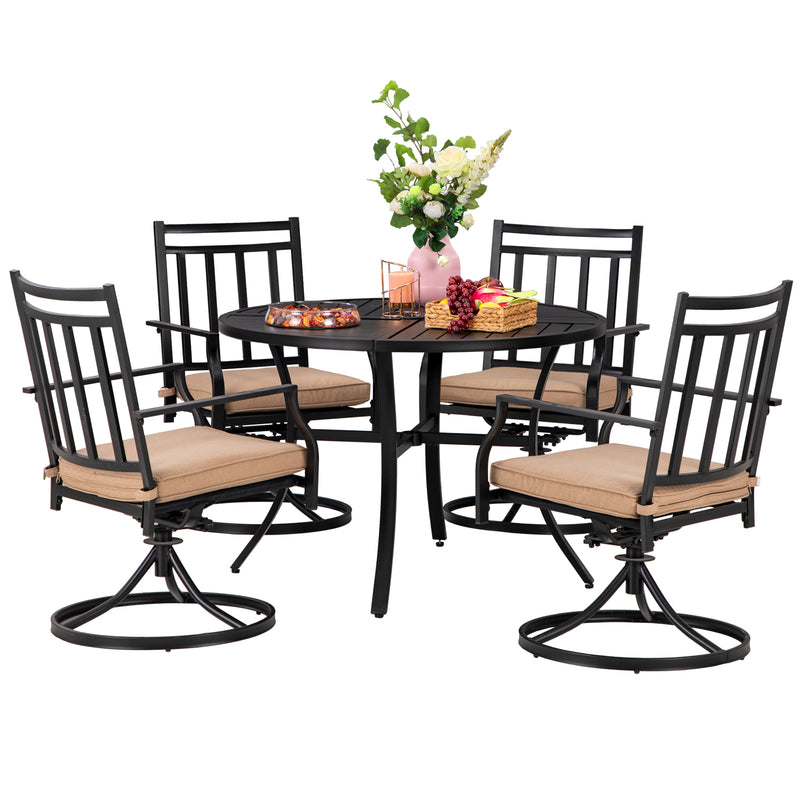 PHI VILLA 5-Piece Outdoor Dining Set 6 Swivel Chairs and Round Steel Slat Table