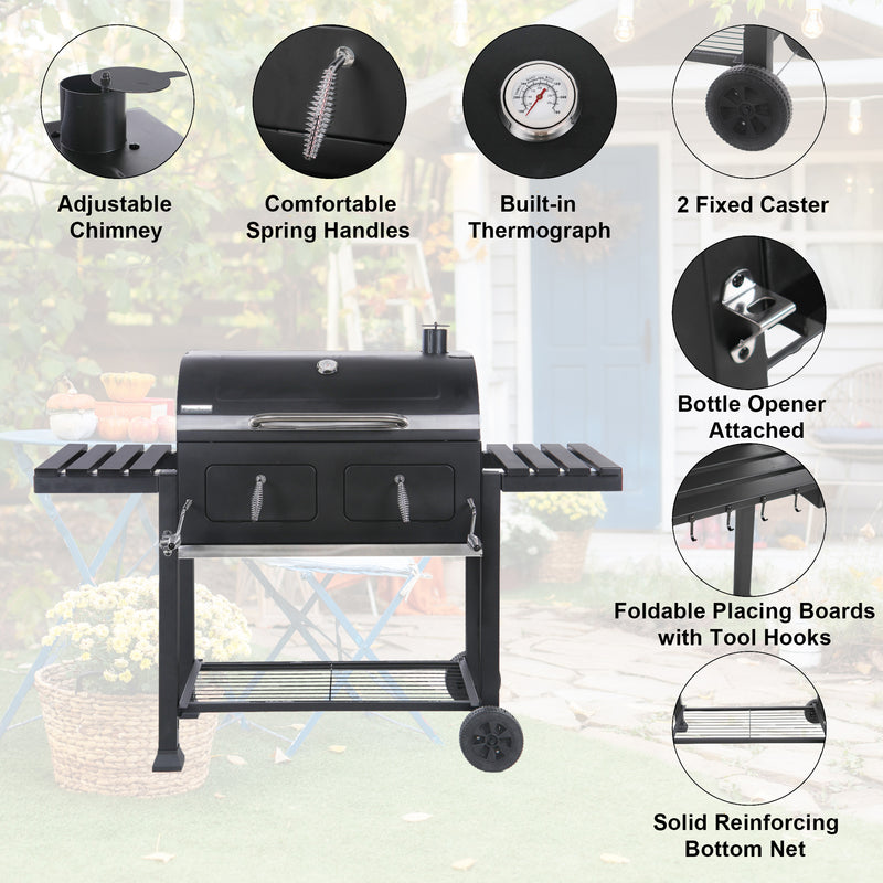 Captiva Designs Double Door Charcoal Patio Grill with 2 Liftable Enamel Charcoal Trays
