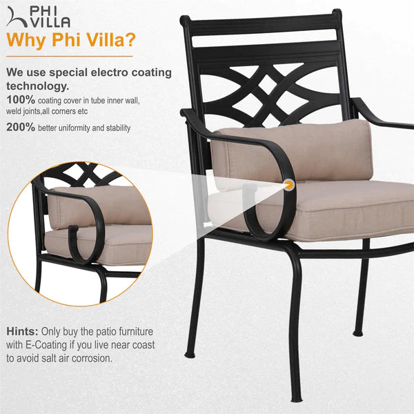 PHI VILLA 6-Piece Patio Dining Set with 10ft Umbrella & Steel Square Table & Fixed Steel Chairs