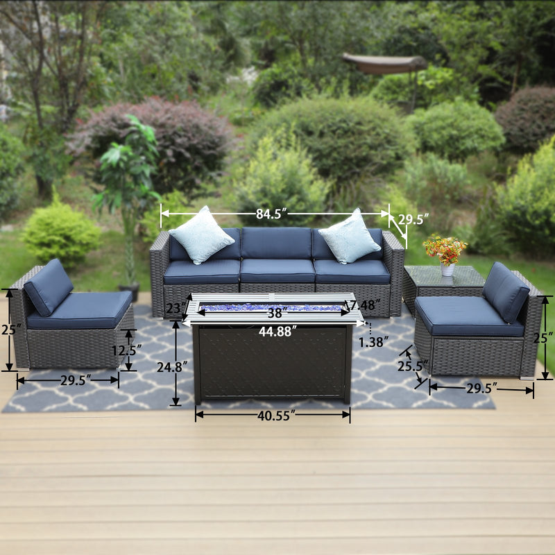 PHI VILLA 7-Piece Outdoor Fire Pit Set Wicker Sectional Sofa & 50,000BTU Rectangle Fire Pit Table