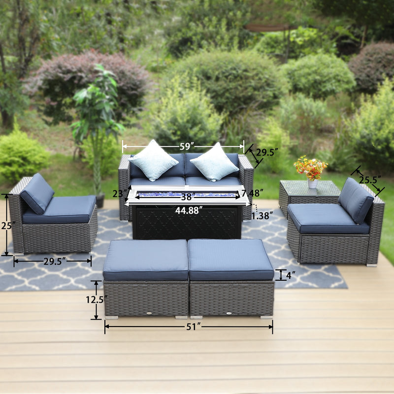 PHI VILLA 7-Piece Outdoor Fire Pit Set Wicker Sectional Sofa & 50,000BTU Rectangle Fire Pit Table