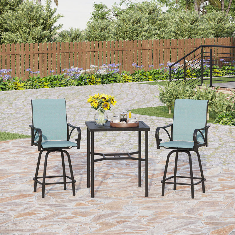 PHI VILLA 3/5 Piece Outdoor Bar Stool Set with 1 Steel Square Table & Textilene Swivel Bar Stools