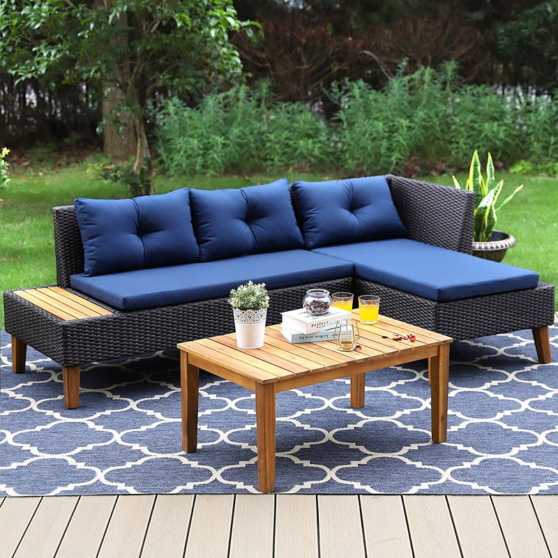 PHI VILLA 3-Piece Outdoor Rattan & Wood Sectional Sofa Conversation Set With Cushions