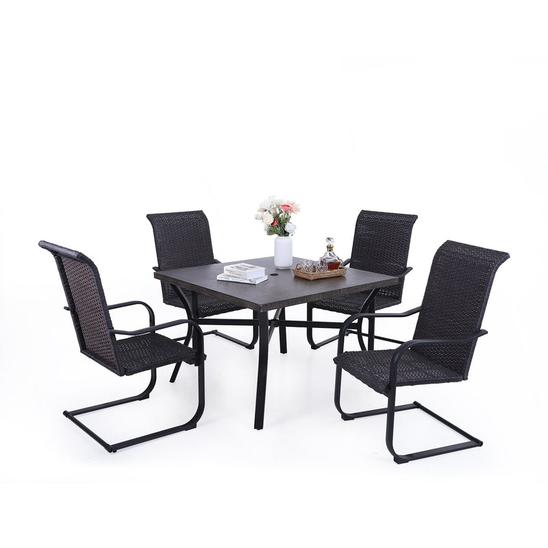 PHI VILLA 5-Piece Outdoor Dining Set with Steel Square Table & 4 Rattan C-spring Chairs
