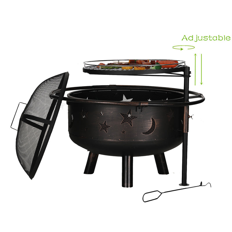 Phi Villa 30" Moon & Star Pattern 2 in 1 Heavy Duty Fire Pit with Swivel Cooking Grill