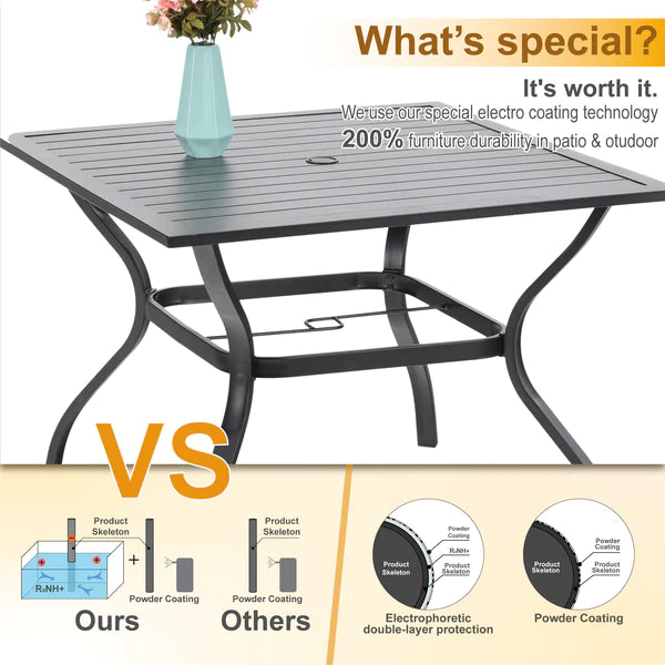 PHI VILLA 6-Piece Patio Dining Set with 10ft Umbrella & Steel Square Table & Bullseye Pattern Fixed Steel Chairs