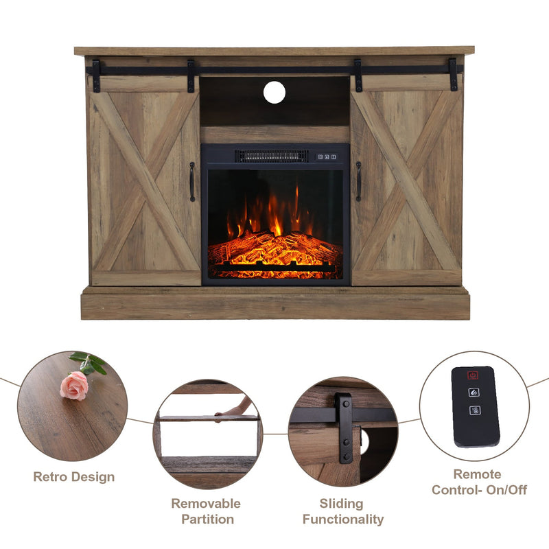 Phi Villa 47''/55'' Fireplace TV Stand and 18''/23'' Plug-in Fireplace with Storage Shelves and Sliding Double Barn Door