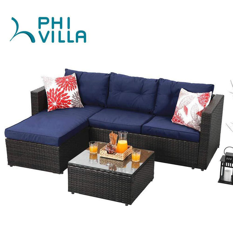 PHI VILLA 3-Piece Patio L-Shaped Rattan Sectional Sofa Set With Cushions