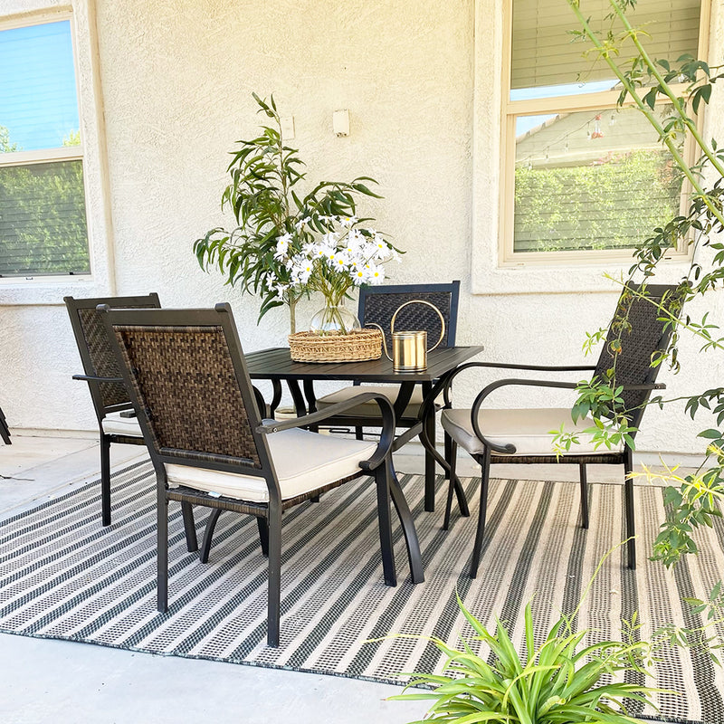 PHI VILLA 5-Piece Patio Dining Set with 4 Rattan Dining Chairs & Steel Square Table