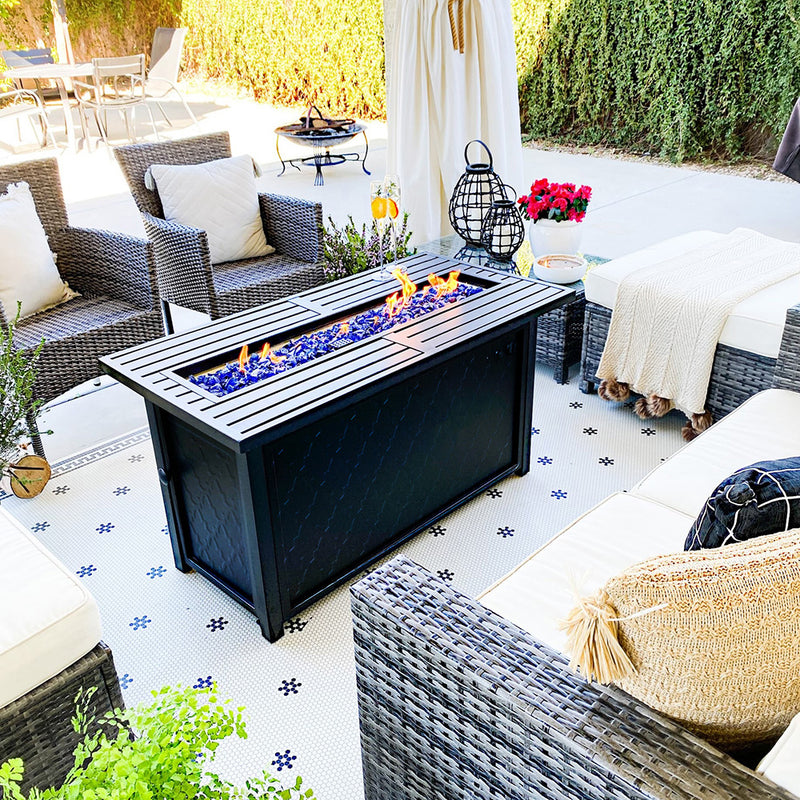 PHI VILLA 50,000 BTU Outdoor Rectangle Metal Gas Fire Pit Table With Lid & Blue Fire Glass