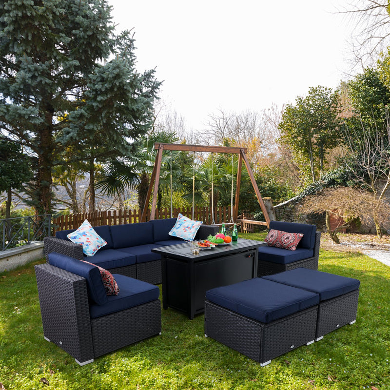 PHI VILLA 9-Piece Patio Fire Pit Set Rattan Sectional Sofa & 50,000BTU Rectangle Fire Pit Table With Lid