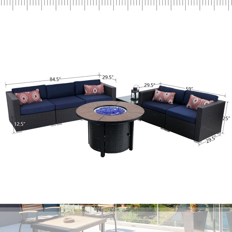 PHI VILLA 7-Piece Outdoor Fire Pit Set Rattan Sectional Sofa & 50,000BTU Wood-look Round Fire Pit Table