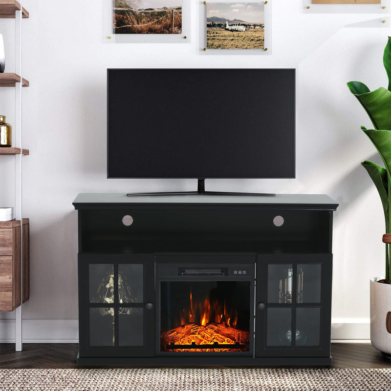 PHI VILLA 48 Inch Wooden Electric Fireplace Corner TV Stand with Open Storage Shelves , Cabinets & Glass Door- Brown