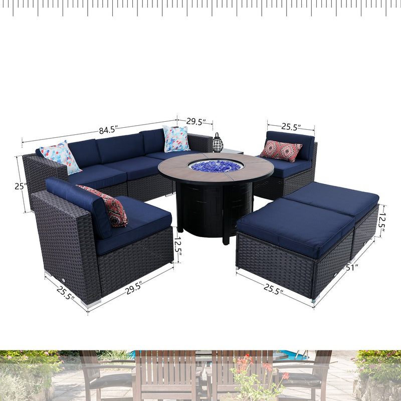 PHI VILLA 9-Piece Outdoor Fire Pit Set Rattan Sectional Sofa & 50,000BTU Wood-look Round Fire Pit Table