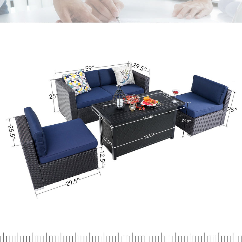 PHI VILLA 5-Piece Patio Fire Pit Set Rattan Sectional Sofa & 50,000BTU Rectangle Fire Pit Table With Lid