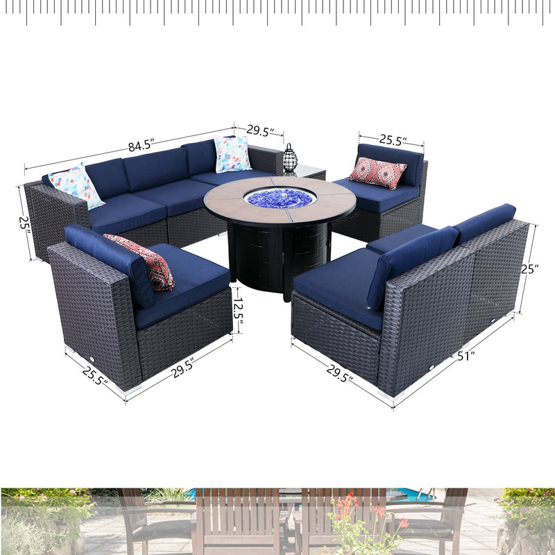 PHI VILLA 9-Piece Outdoor Fire Pit Set Rattan Sectional Sofa & 50,000BTU Wood-look Round Fire Pit Table