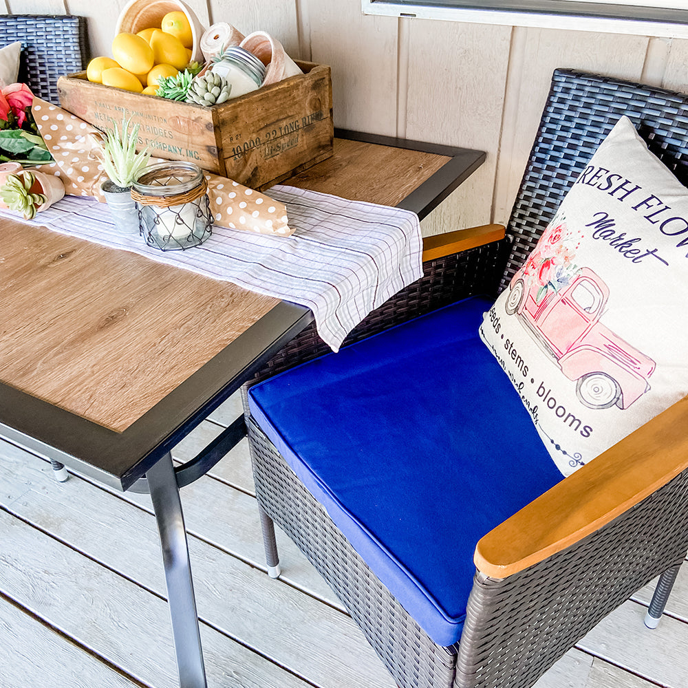 Phi Villa 5-Piece Patio Dining Set Wood-Look Table and 4 Rattan Chairs with Cushions