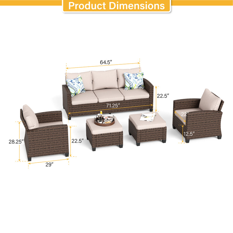 Phi Villa Outdoor 7-Seat Rattan Conversation Sofa Set With Ottomans