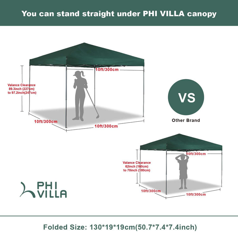 PHI VILLA 10x10Ft Instant Pop Up Canopy w/ Wheeled Bag, 100 Sq. Ft