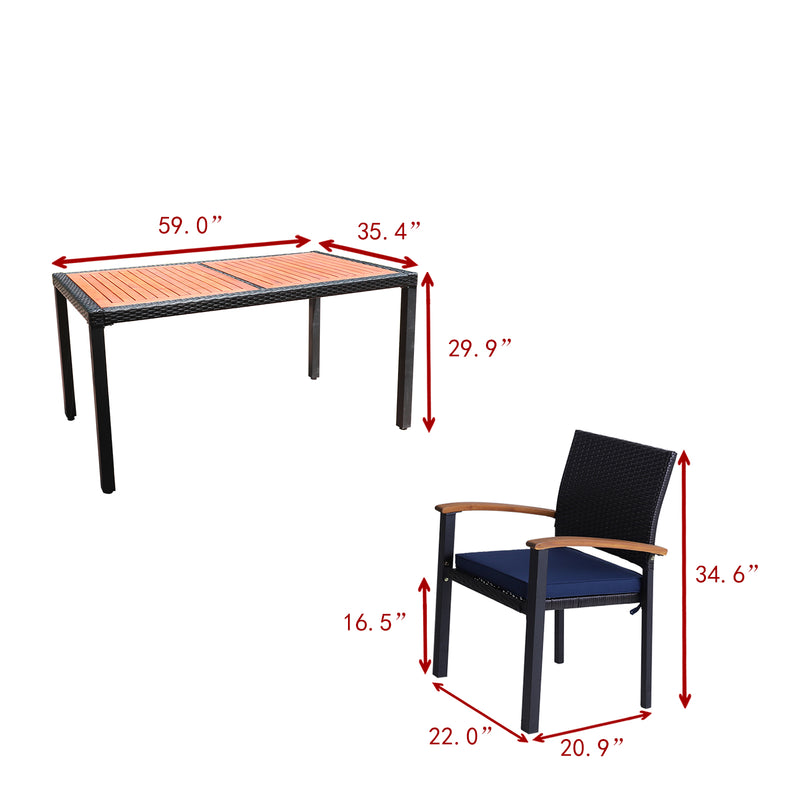 7-Piece Patio Outdoor Dining Set With Acacia Wood Rectangle Table and 6 Rattan Wooden Armrest Dining Chairs Phi Villa