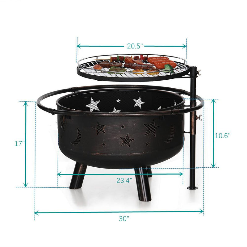 Phi Villa 30" Moon & Star Pattern 2 in 1 Heavy Duty Fire Pit with Swivel Cooking Grill