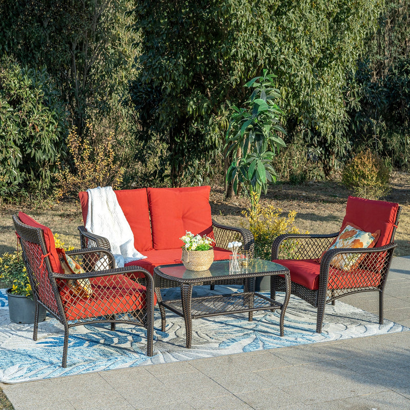 PHI VILLA 4-Piece Patio Wicker Rattan Patio Conversation Set Rattan Sofa Set