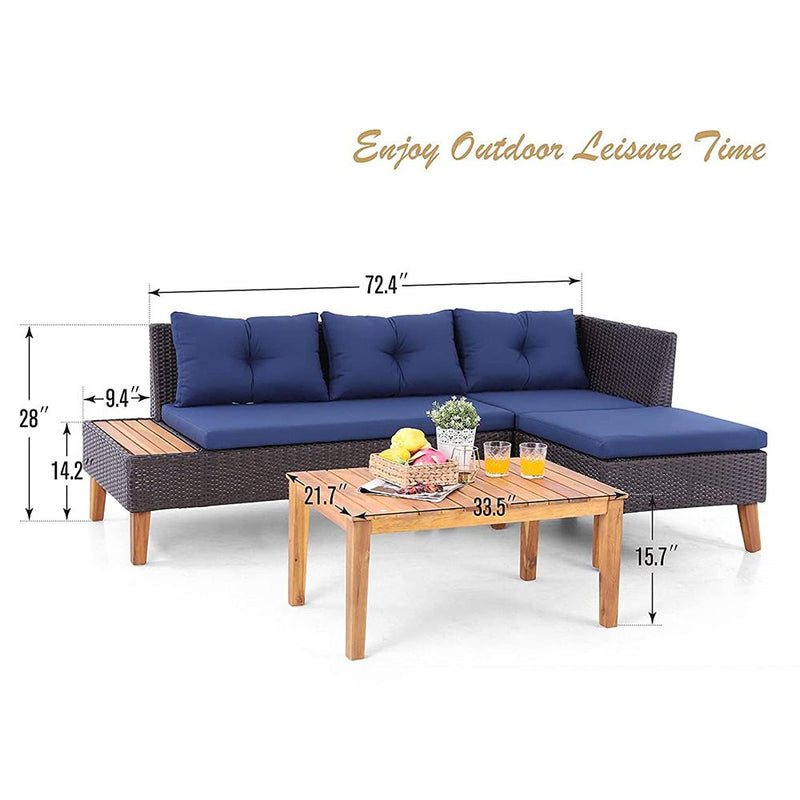 PHI VILLA 3-Piece Outdoor Rattan & Wood Sectional Sofa Conversation Set With Cushions