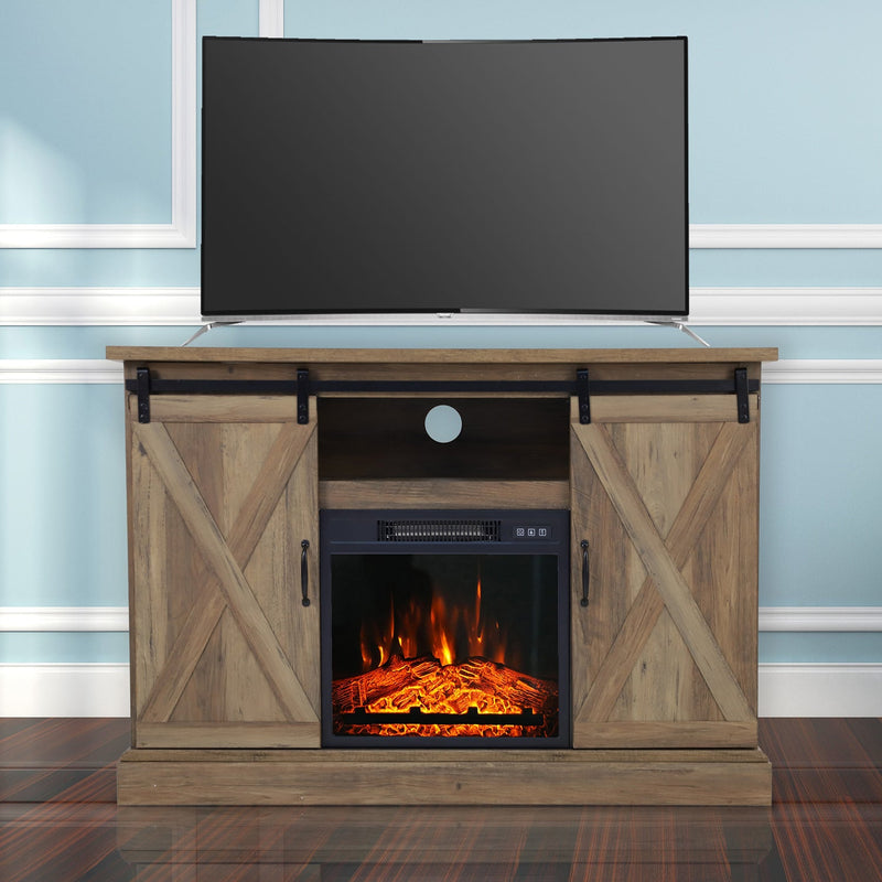 Phi Villa 47''/55'' Fireplace TV Stand and 18''/23'' Plug-in Fireplace with Storage Shelves and Sliding Double Barn Door