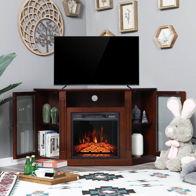 Phi Villa 48 Inch Wooden Electric Fireplace Corner TV Stand with Open Storage Shelves , Cabinets & Glass Door- Brown 