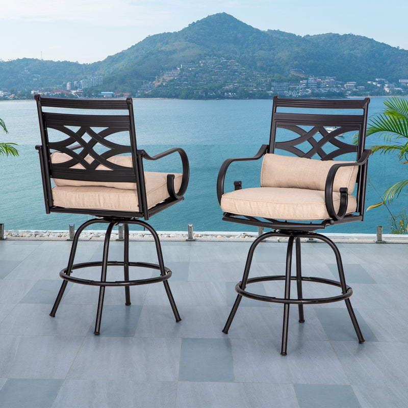 PHI VILLA Outdoor Steel Swivel Cushioned Bar Stools With Pillows