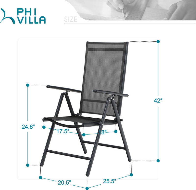 Phi Villa  Folding Sling Dining Chair Aluminum & Steel Frame, Set of 2