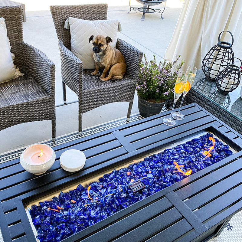 PHI VILLA 50,000 BTU Outdoor Rectangle Metal Gas Fire Pit Table With Lid & Blue Fire Glass