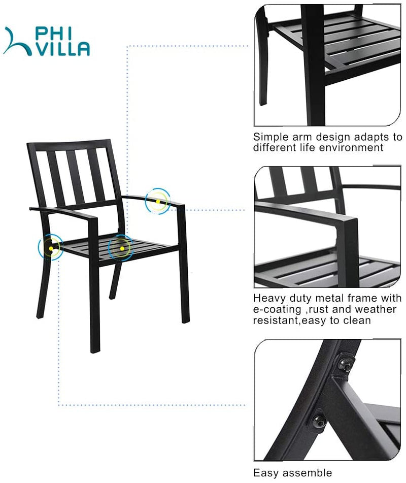 PHI VILLA Outdoor Patio Steel Frame Dining Arm Fixed Chairs