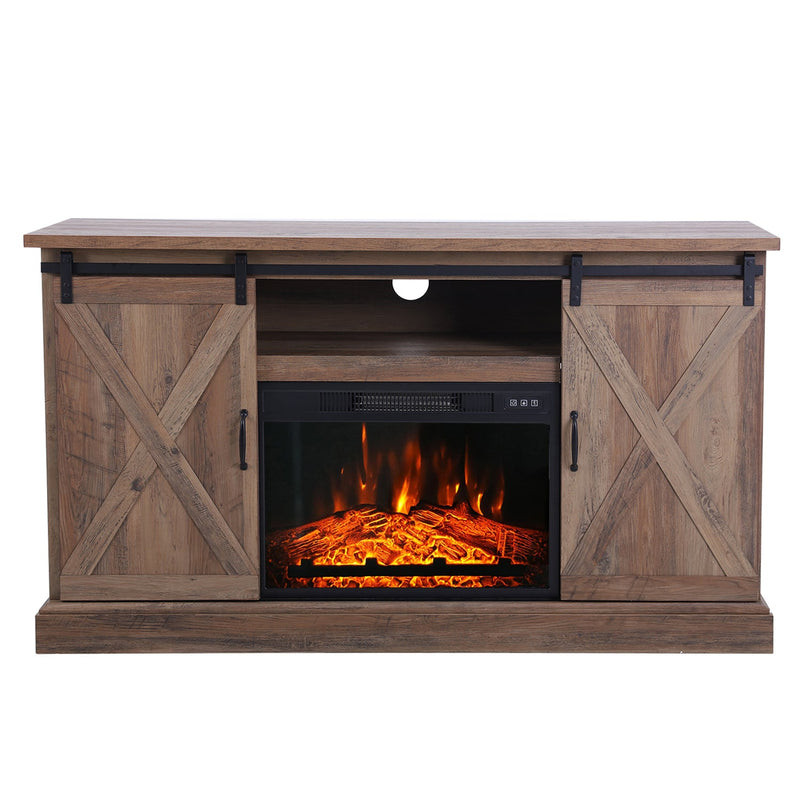 Phi Villa 47''/55'' Fireplace TV Stand and 18''/23'' Plug-in Fireplace with Storage Shelves and Sliding Double Barn Door