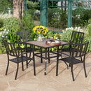PHI VILLA 5-Piece Metal Patio Dining Set Wood-look Table and 4 Pattern Stackable Chairs