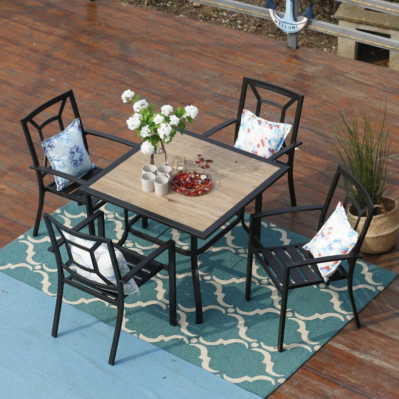 PHI VILLA 5-Piece Metal Patio Dining Set Wood-look Table and 4 Pattern Stackable Chairs