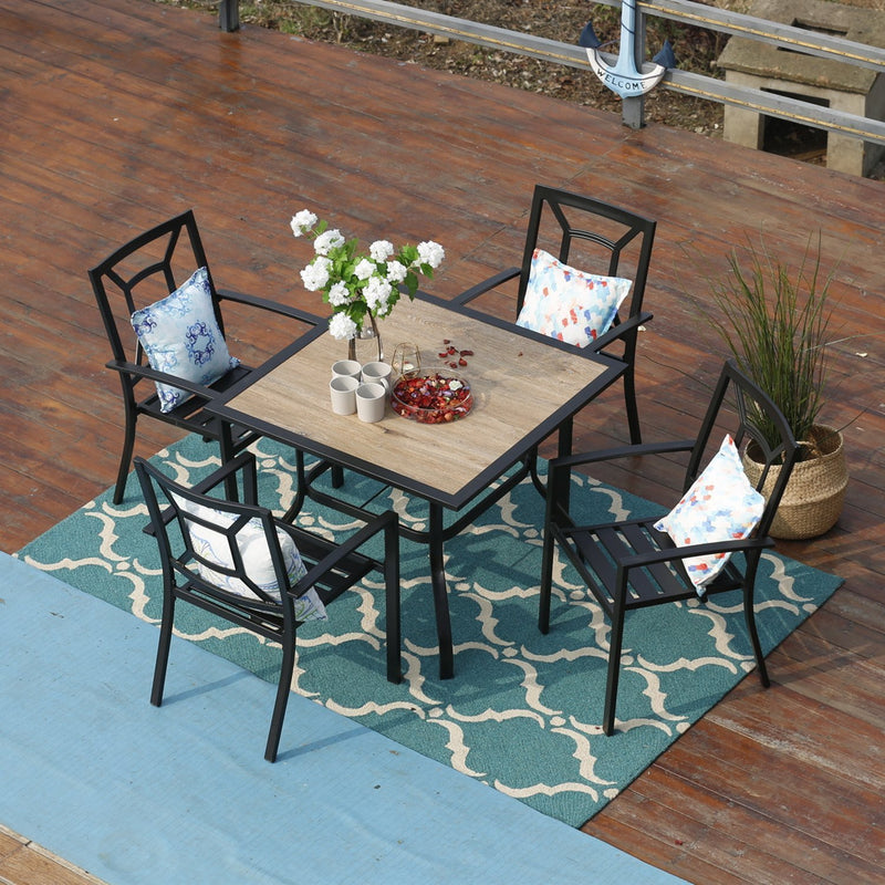 PHI VILLA 5-Piece Metal Patio Dining Set Wood-look Table and 4 Pattern Stackable Chairs