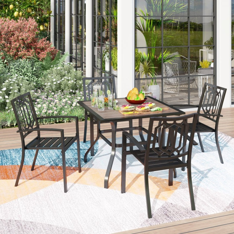 PHI VILLA 5-Piece Metal Patio Dining Set Wood-look Table and 4 Pattern Stackable Chairs