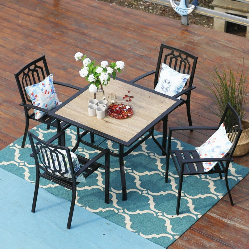 PHI VILLA 5-Piece Metal Patio Dining Set Wood-look Table and 4 Pattern Stackable Chairs