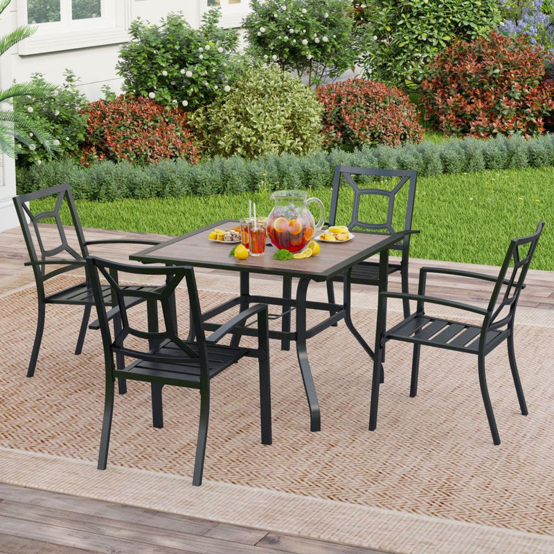 PHI VILLA 5-Piece Metal Patio Dining Set Wood-look Table and 4 Pattern Stackable Chairs